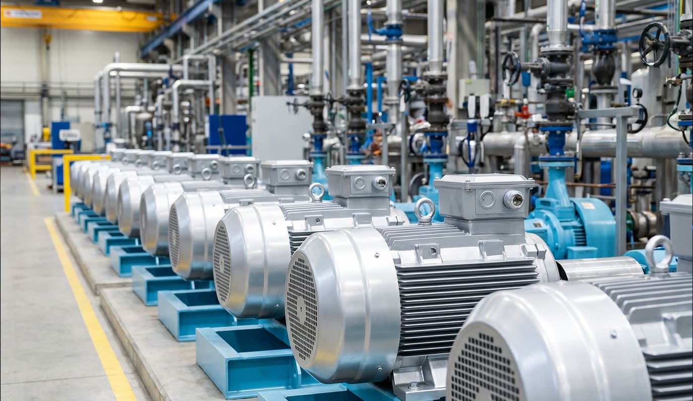 Motores industriais instalados em ambiente de fábrica