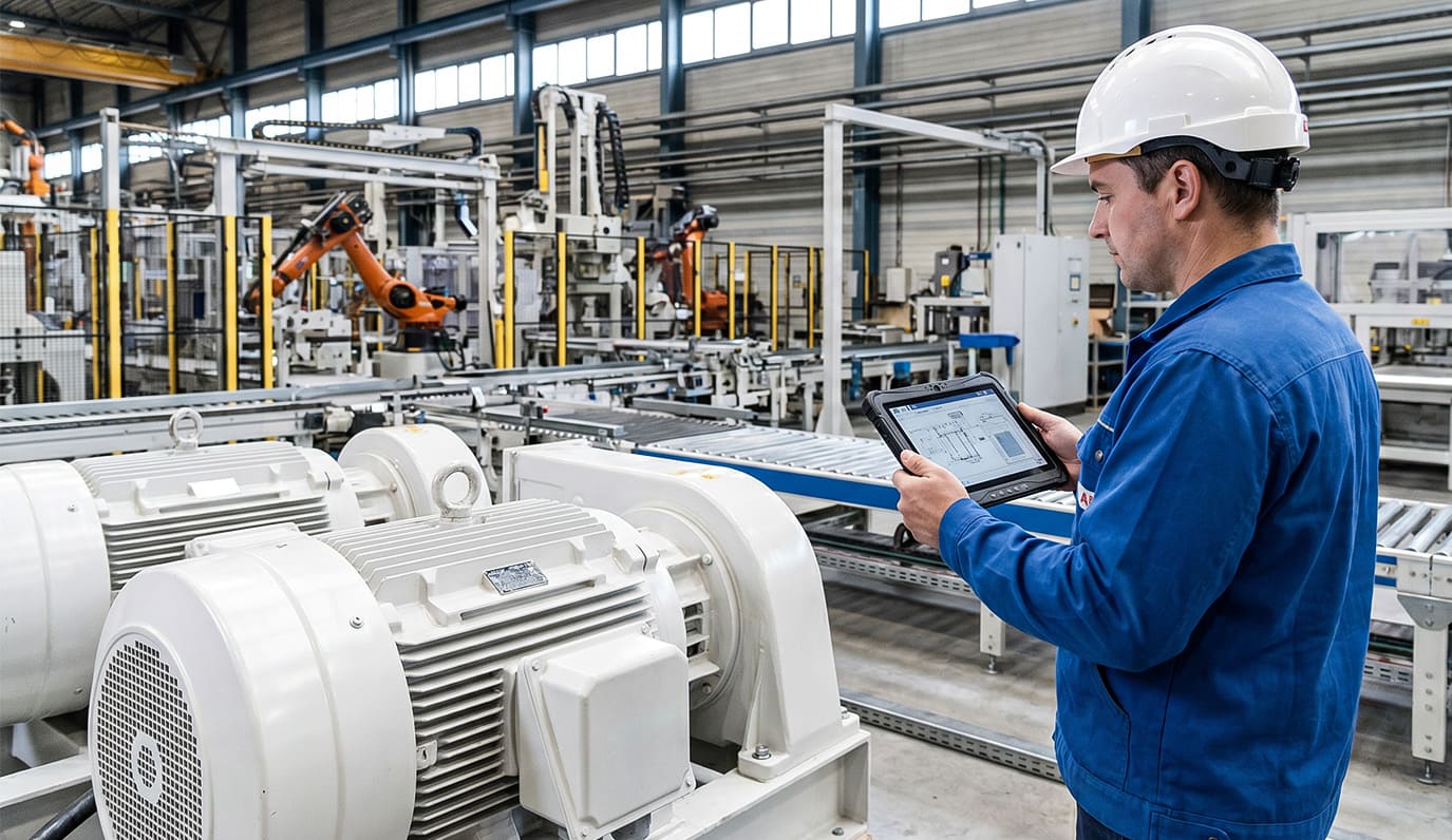Técnico avaliando motores industriais com tablet