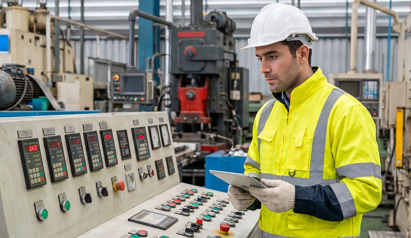 Operador industrial coletando dados em painel de controle