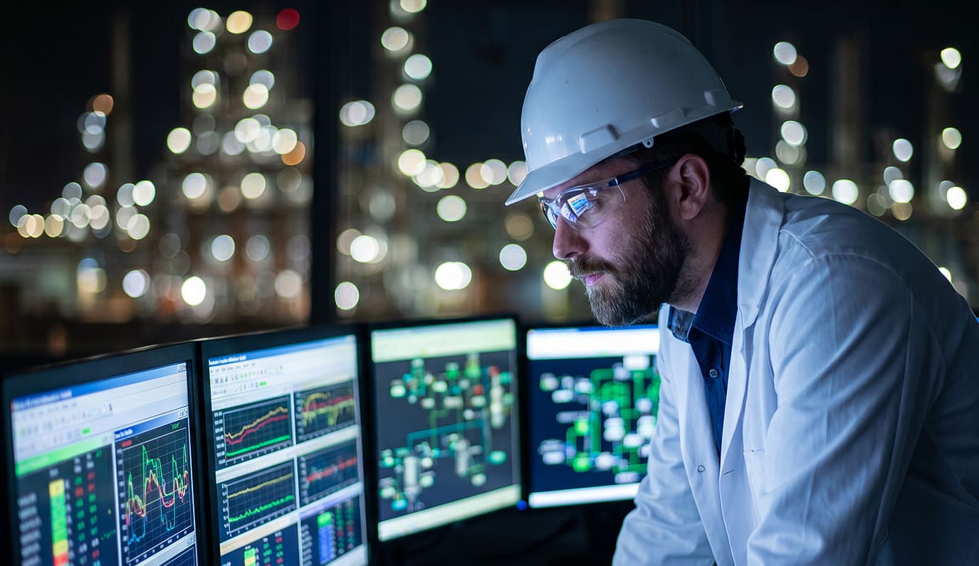 Especialista analisando dados industriais em monitores