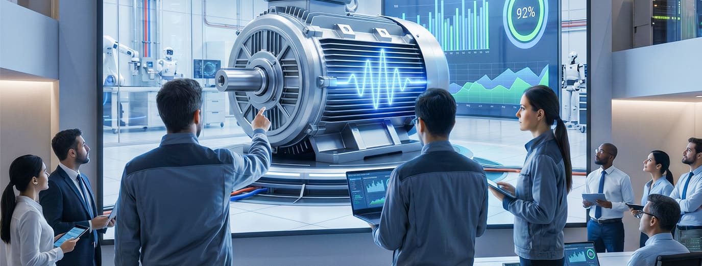 Equipe técnica analisando motor industrial em ambiente digital