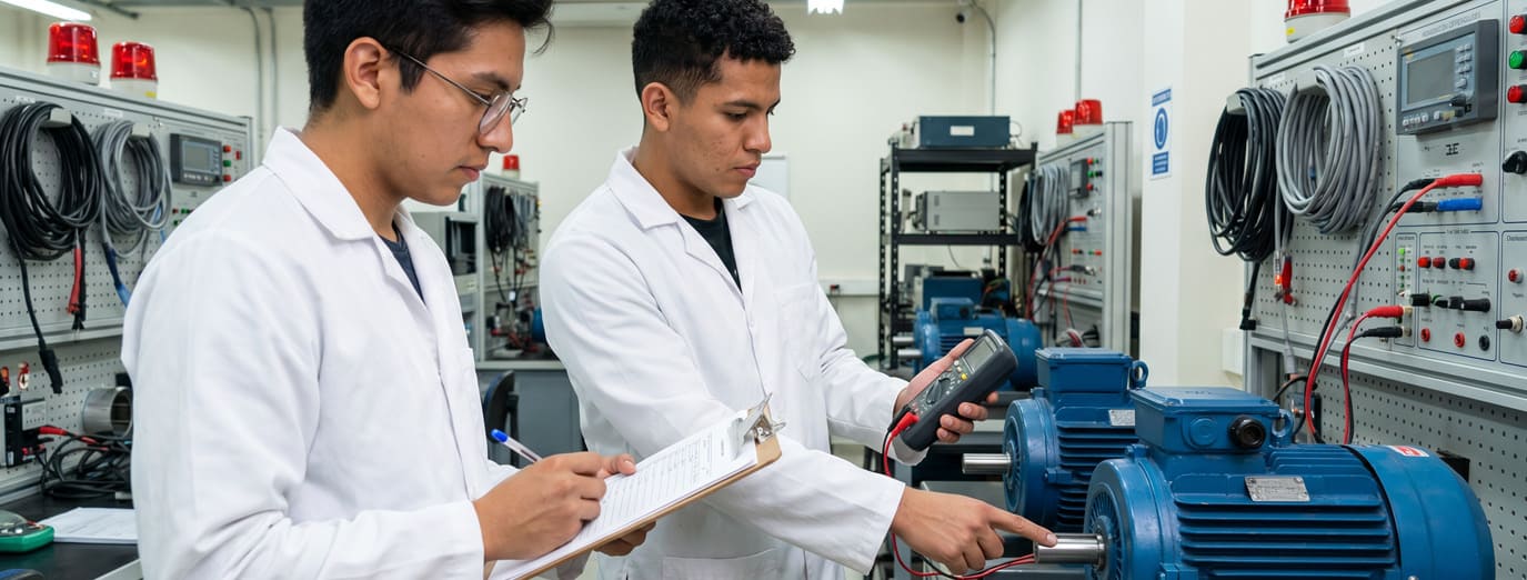 Técnicos em laboratório realizando diagnóstico em motor industrial