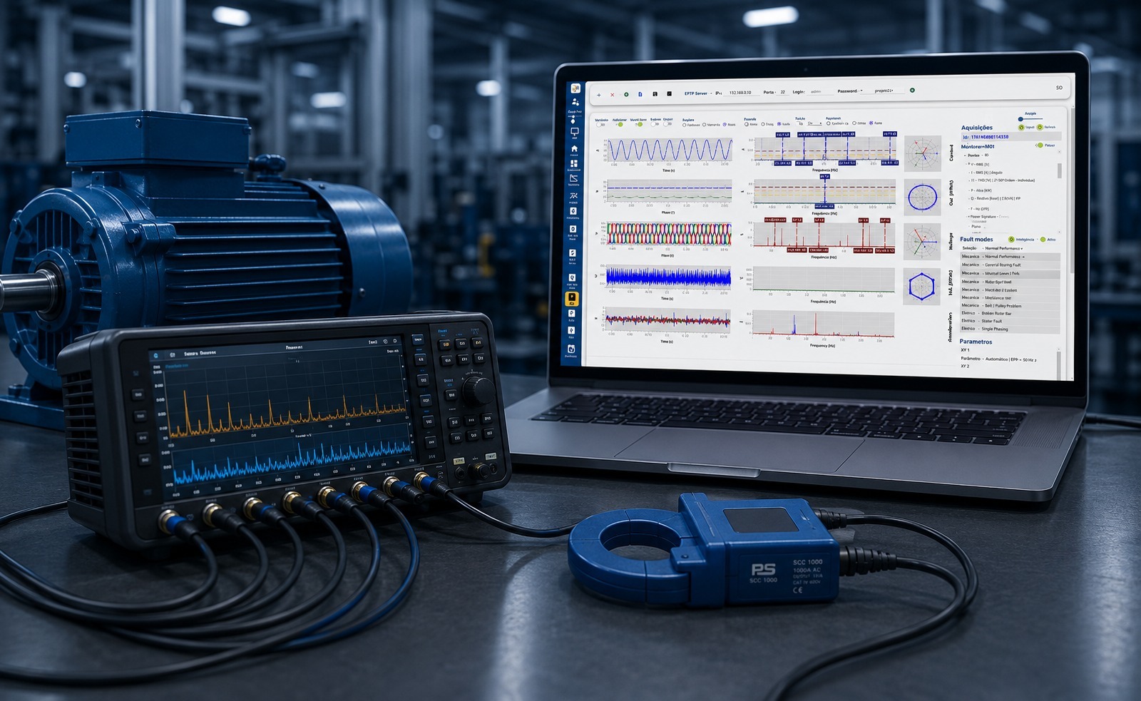 Técnicos em laboratório realizando diagnóstico em motor industrial